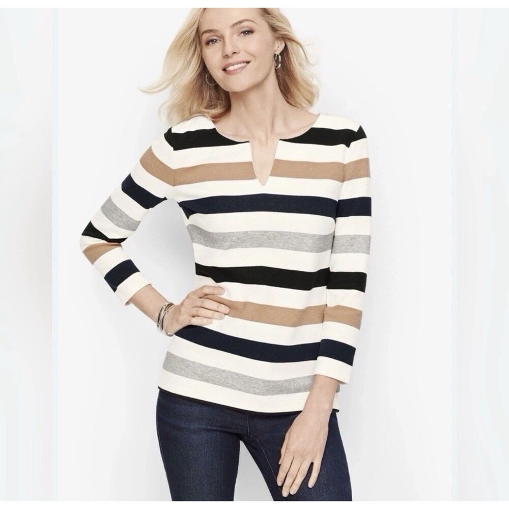 Talbots Zip Back Striped Cotton Blend Top Black Gray Tan Sleeve Size Medium